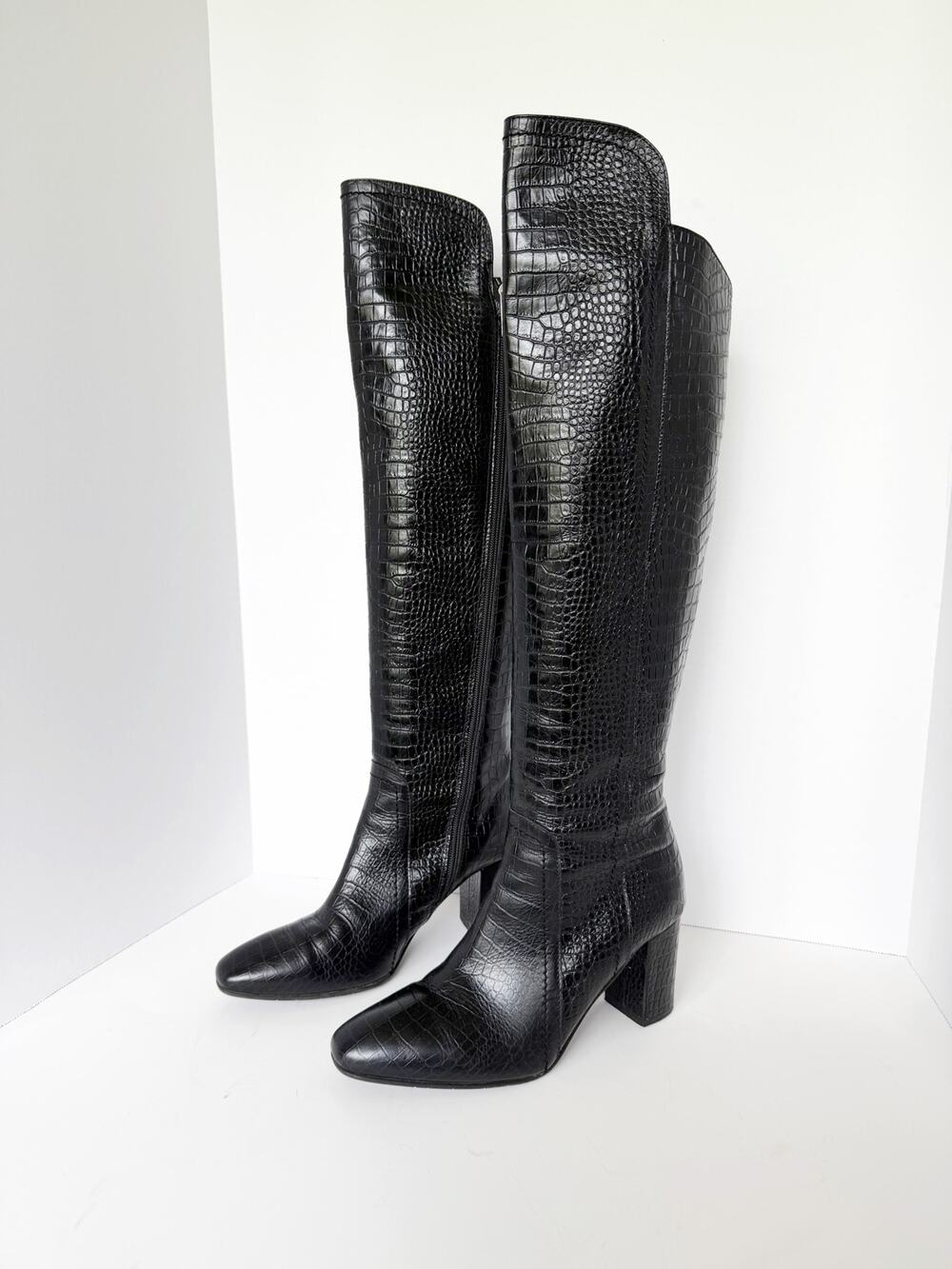 Aquatalia 70mm Florina Mock-Croc Over-the-Knee Boots Black Sz 9.5